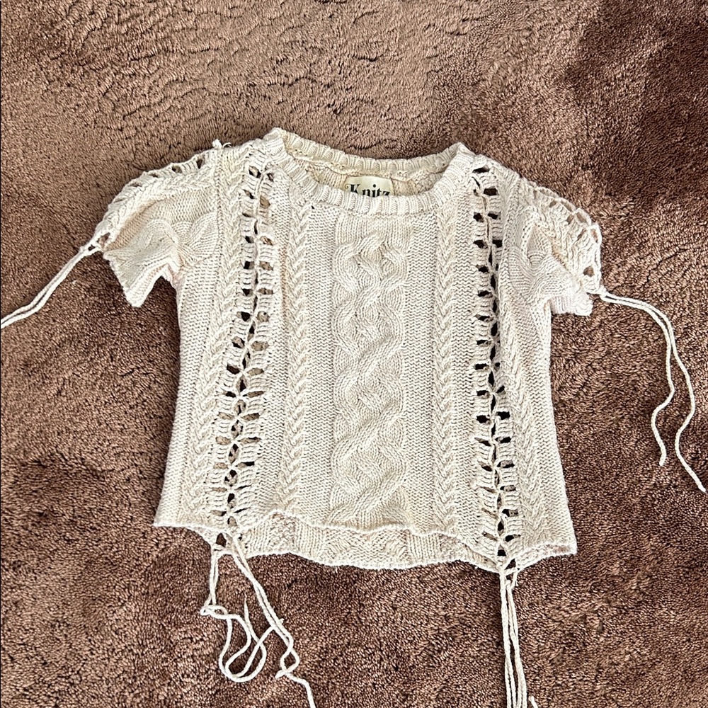 For Love & Lemons Cream Cable Knit Lace-Up Short Sleeve Top